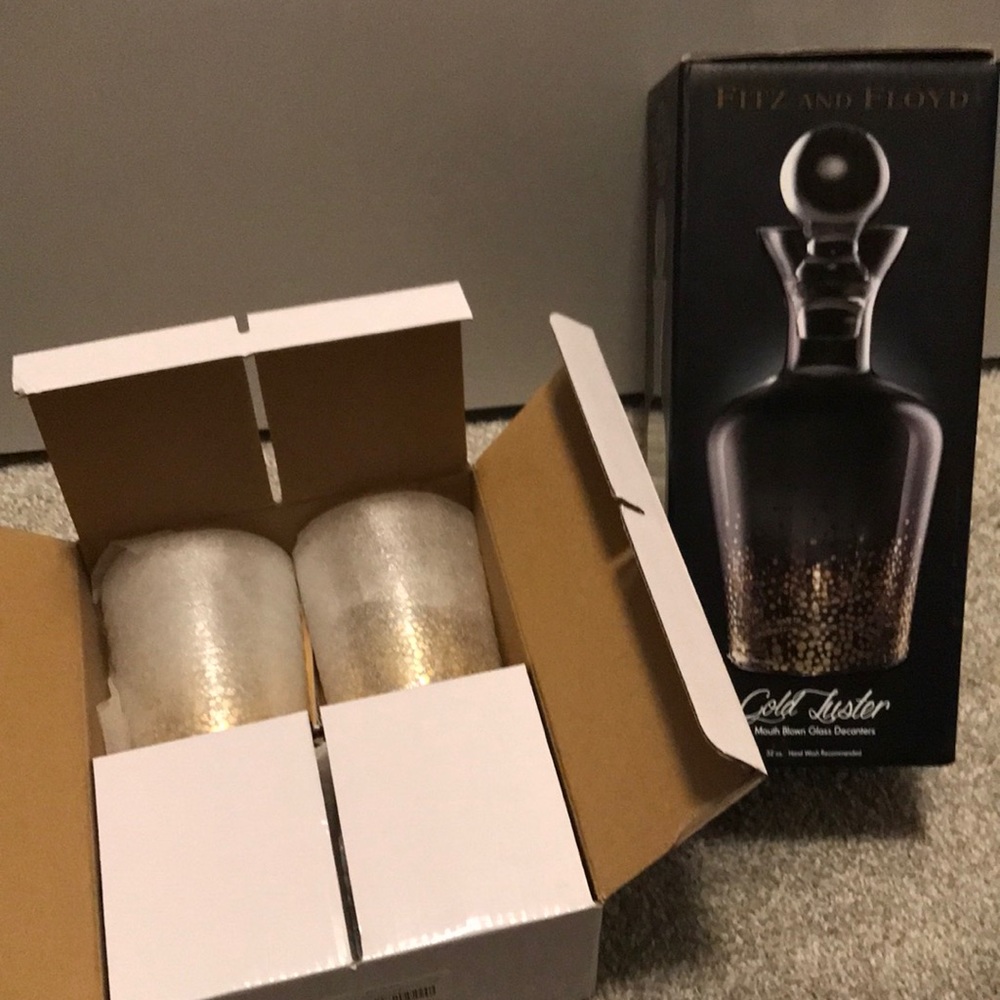 Fitz and Floyd Gold Luster Decanter and Double Old Fashioned Whiskey Glasses